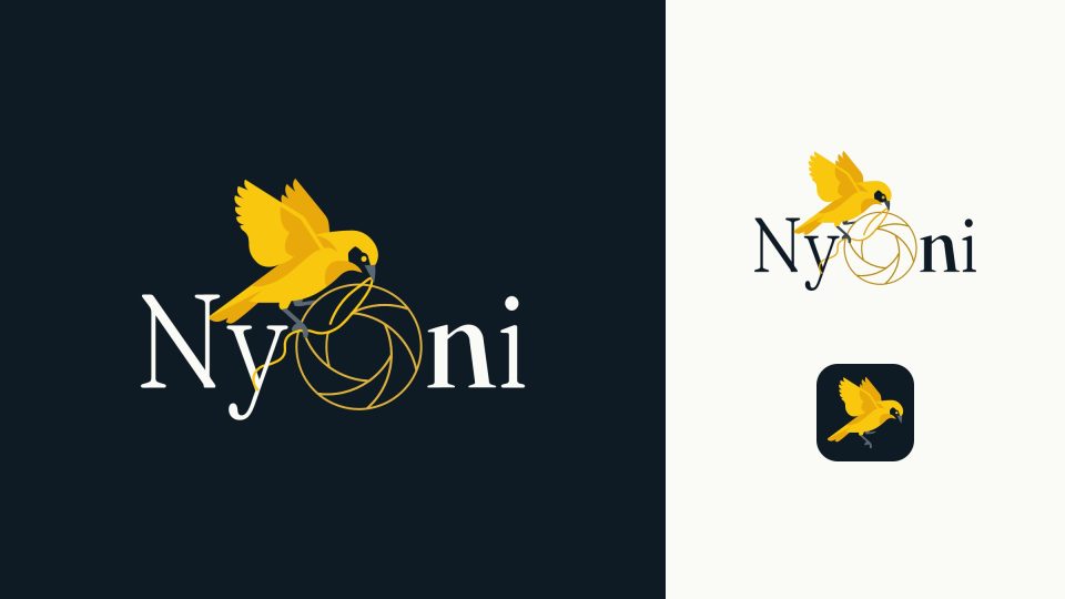 The refreshed Nyoni logo reversed on ink, in full colour on paper, and as an app icon